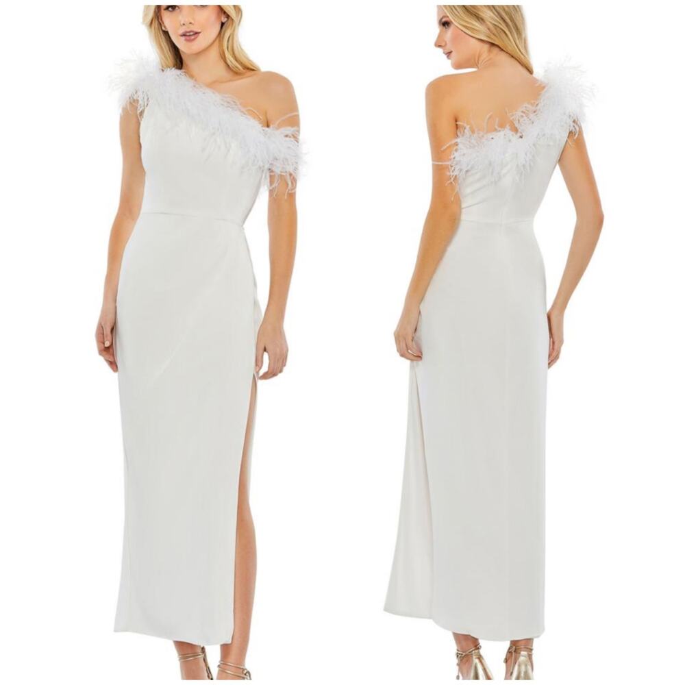 Mac Duggal NWT Feather Trim One Shoulder Draped Dress White Size 0 Side Slit